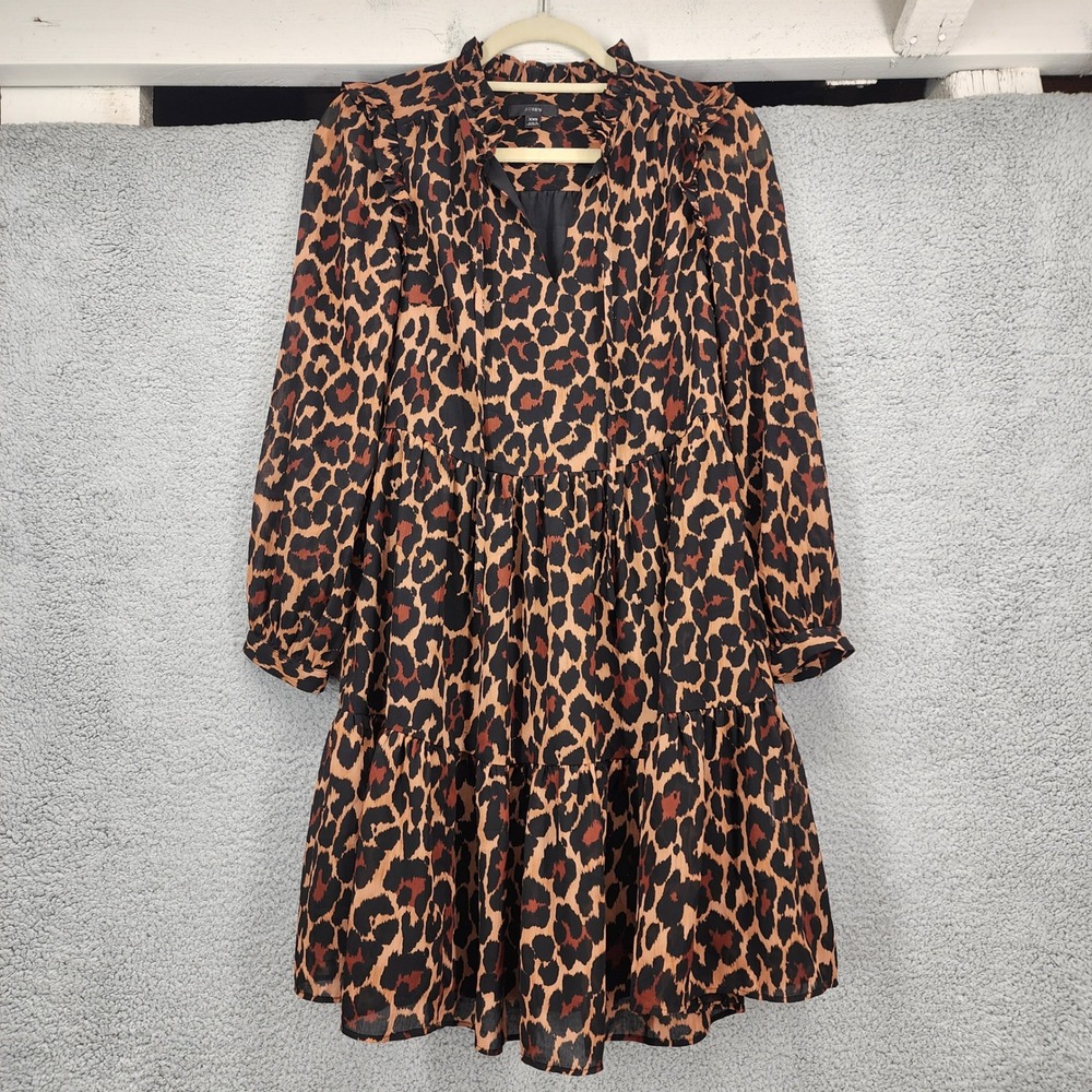 J.Crew Leopard Print Ruffle Neck Tiered Mini Dress XXS Brown‎ Black Long Sleeve